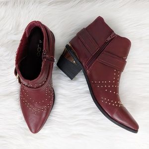 Wine Red Pointed Toe Booties with Gold Studs